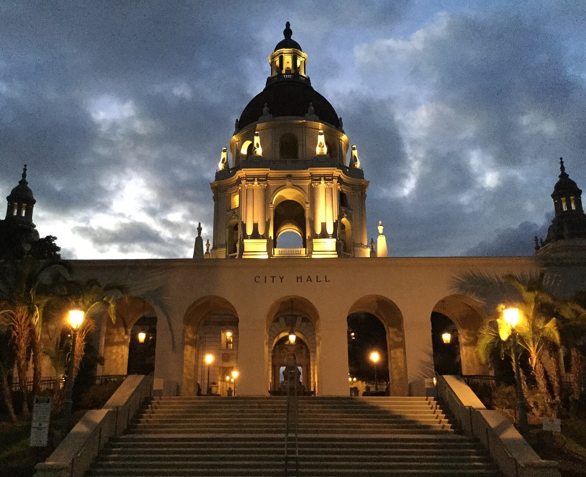 Pasadena City Hall illuminated at dusk, photographed in March 2018