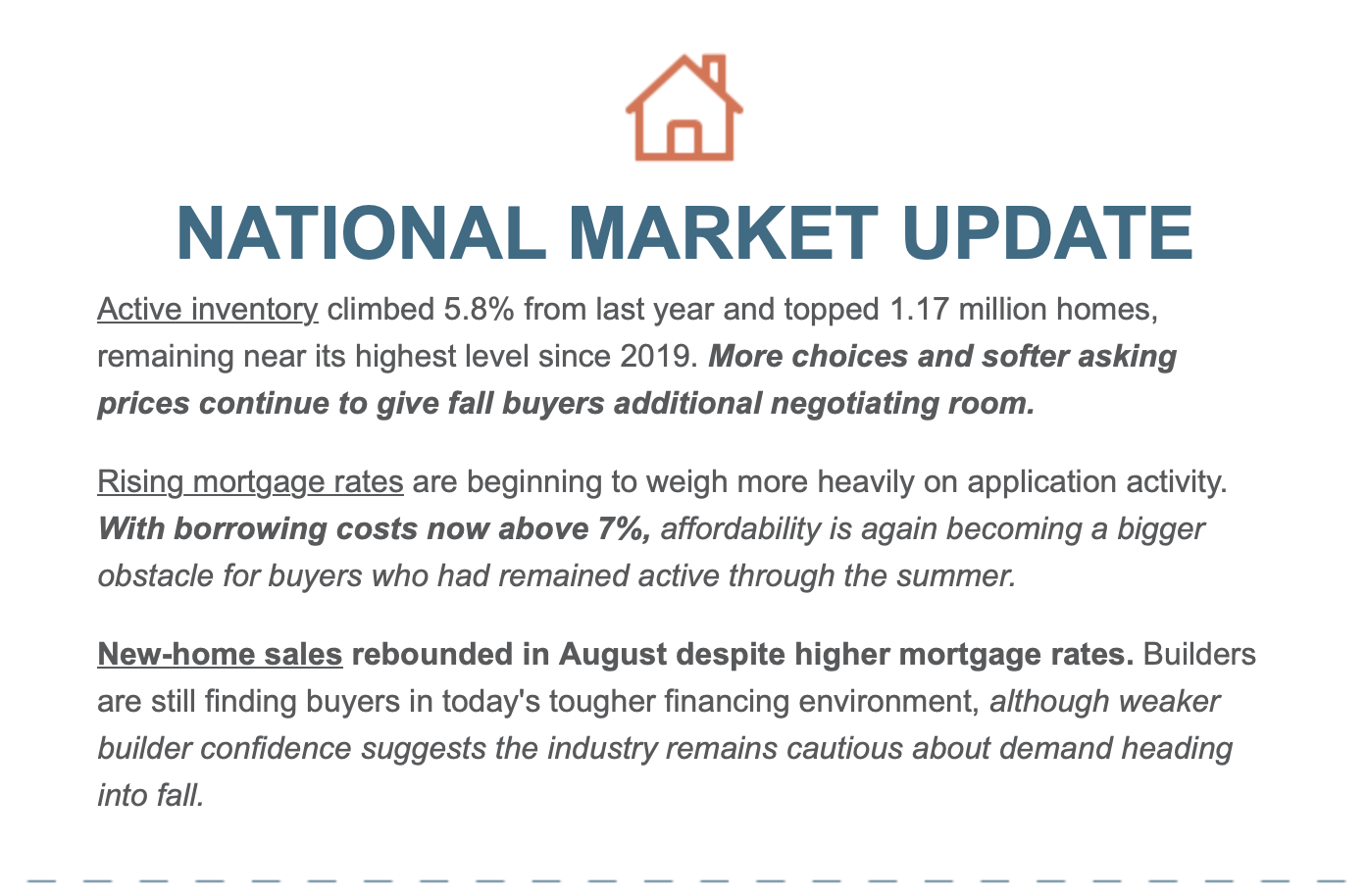 National housing market update covering inventory, mortgage rates, and new-home sales.