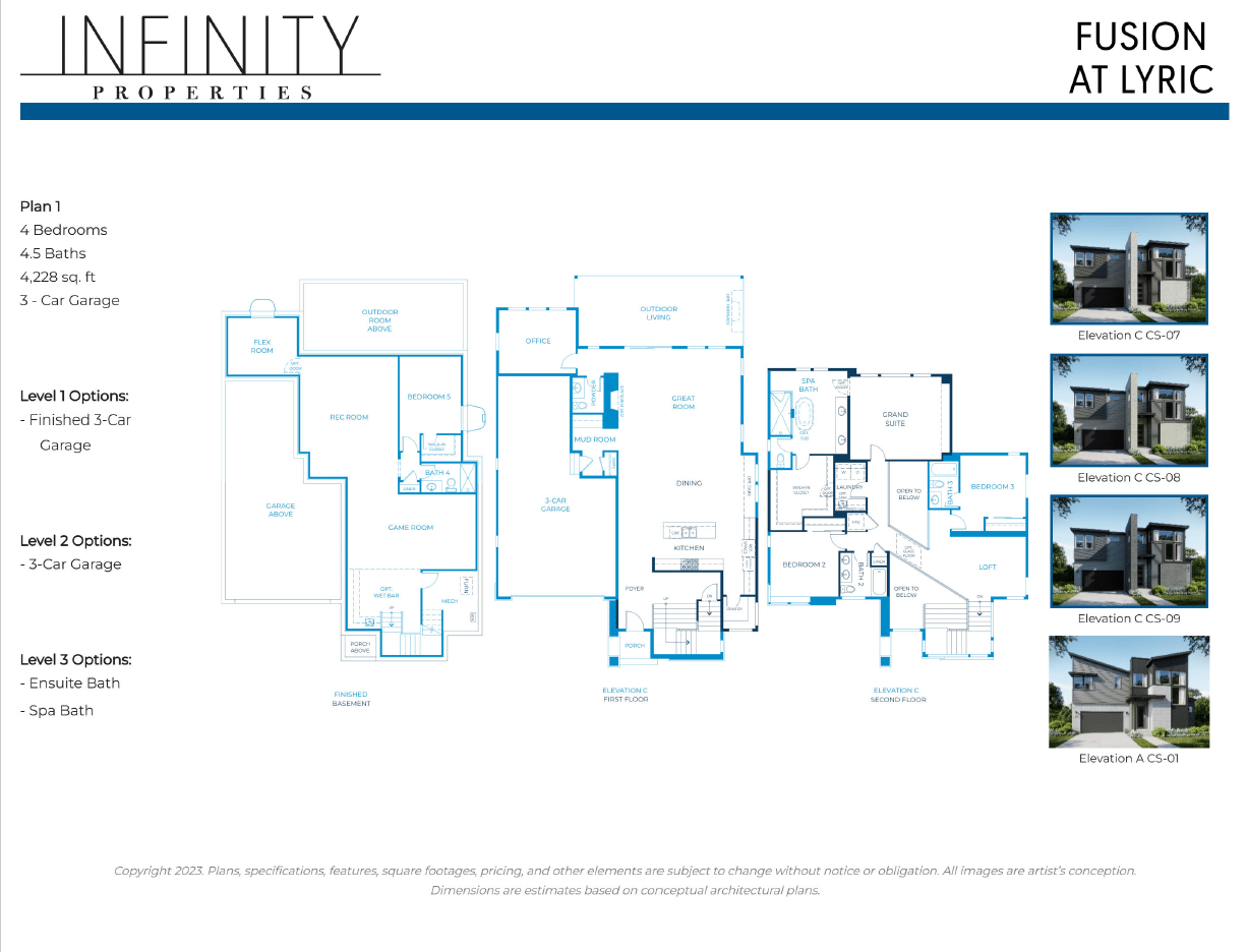 Fusion at Lyric floor plan with basement, two floors, four bedrooms, three-car garage, and exterior elevations.