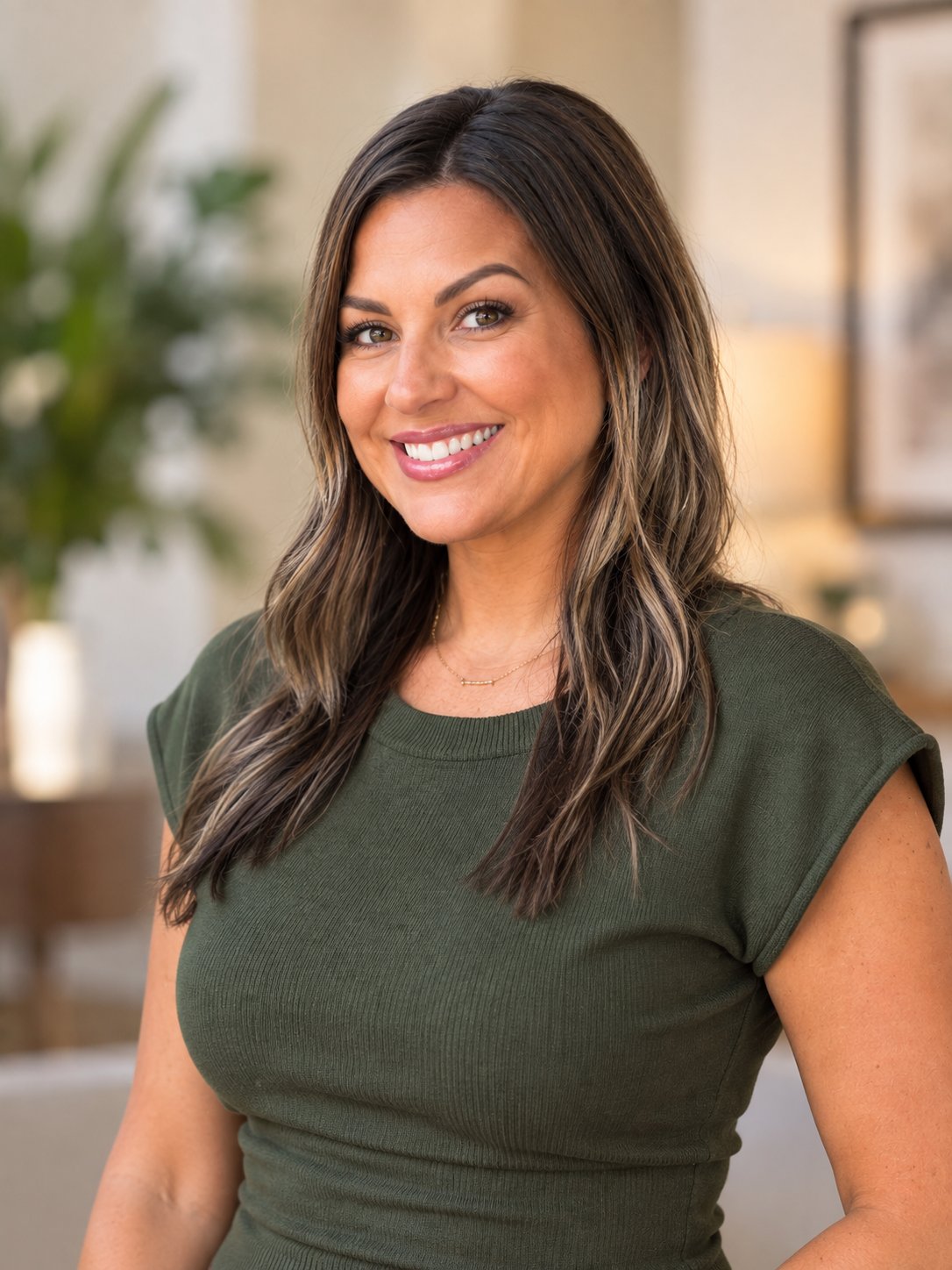 Brittany Cox smiling in a dark green top, with long highlighted brown hair.