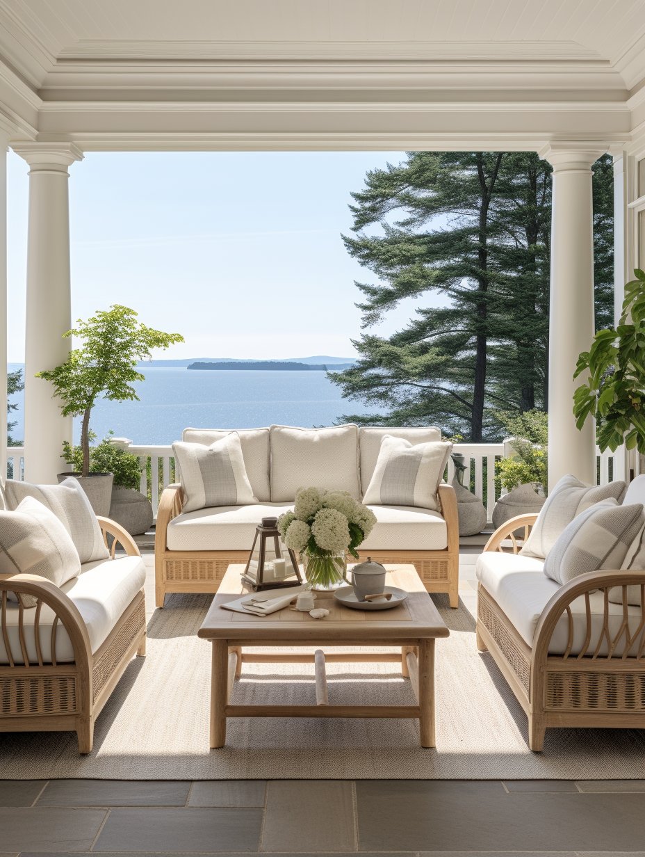 Covered porch with white wicker seating overlooking the water and a distant island.