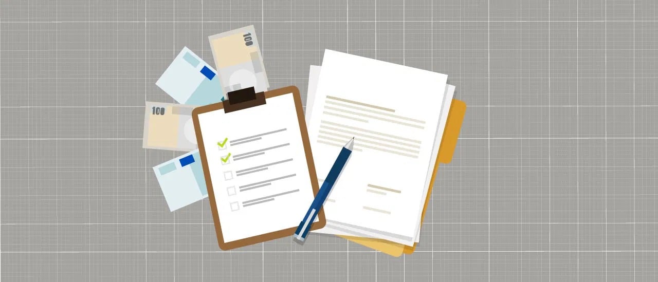 Loan application checklist with paperwork, a pen, bank cards, and cash.