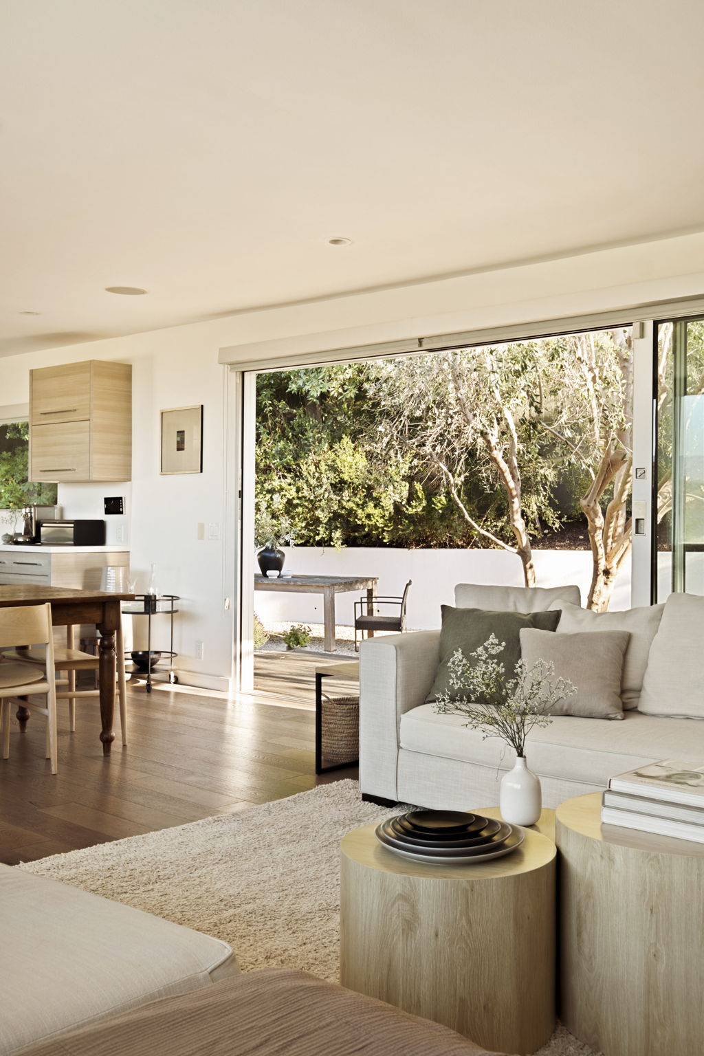 Bright living room with a pale sofa and wide sliding doors opening to a leafy patio.