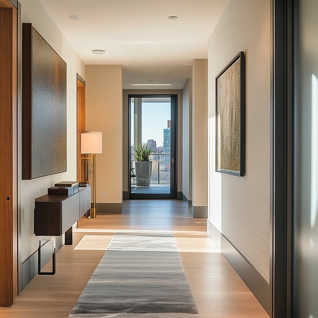Modern apartment hallway with a gray runner and city views through glass doors.