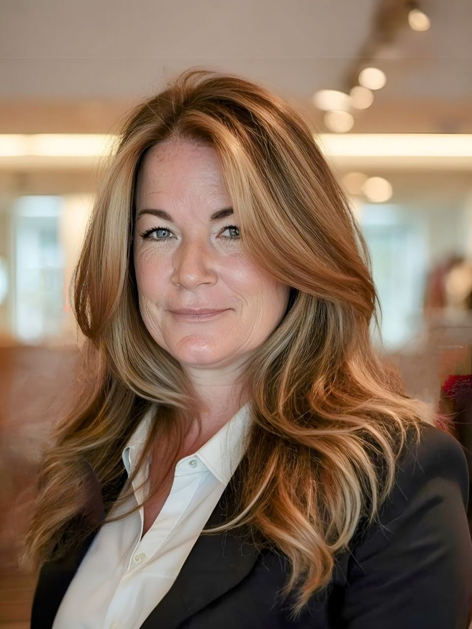 Michelle McManus in a dark blazer and white shirt, with long auburn hair.