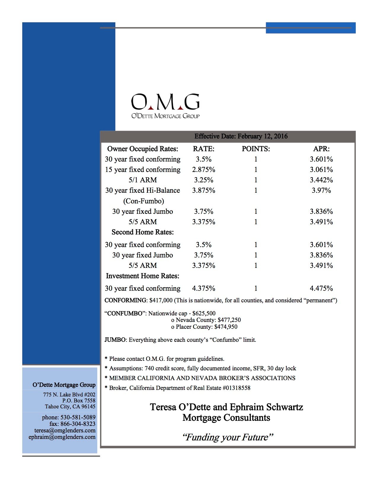 O’Dette Mortgage Group rate sheet listing mortgage rates effective February 12, 2016.