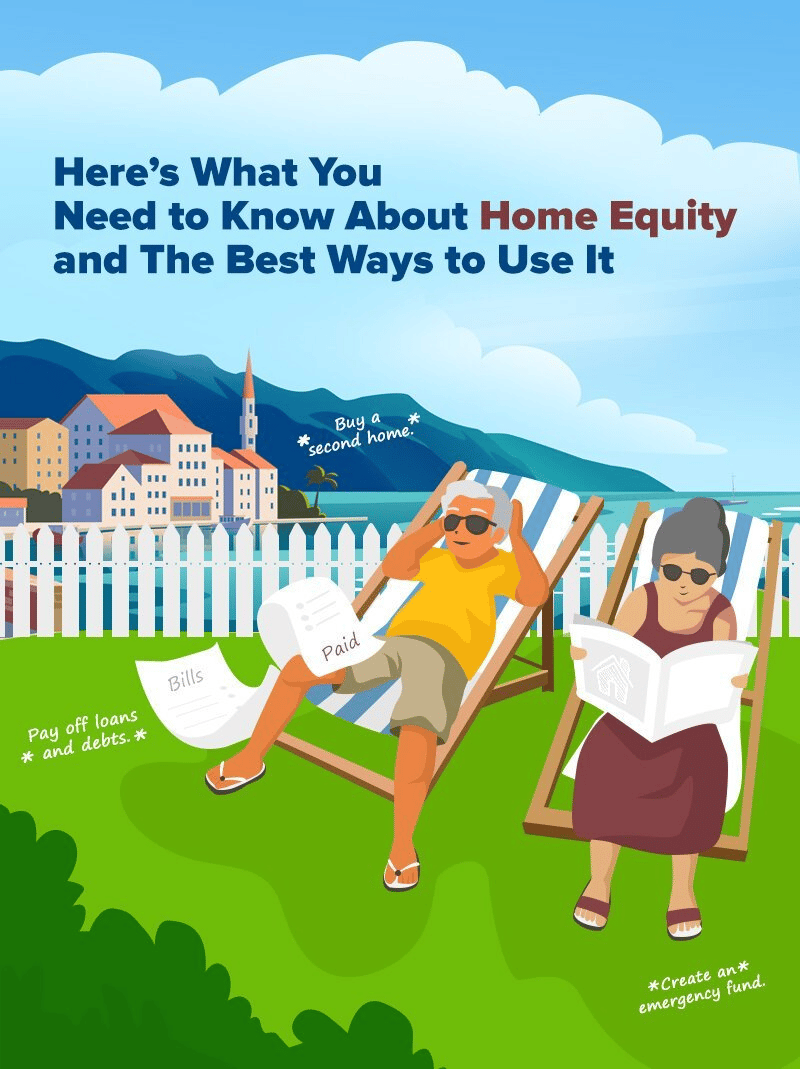 Illustrated home equity explainer with homeowners relaxing, paying debts, and saving for emergencies.