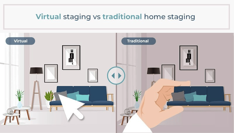 Virtual and traditional home staging compared in illustrated living rooms.