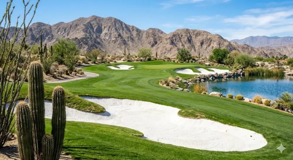 Ground-level perspective of a dramatic desert golf course hole with deep white sand bunkers.