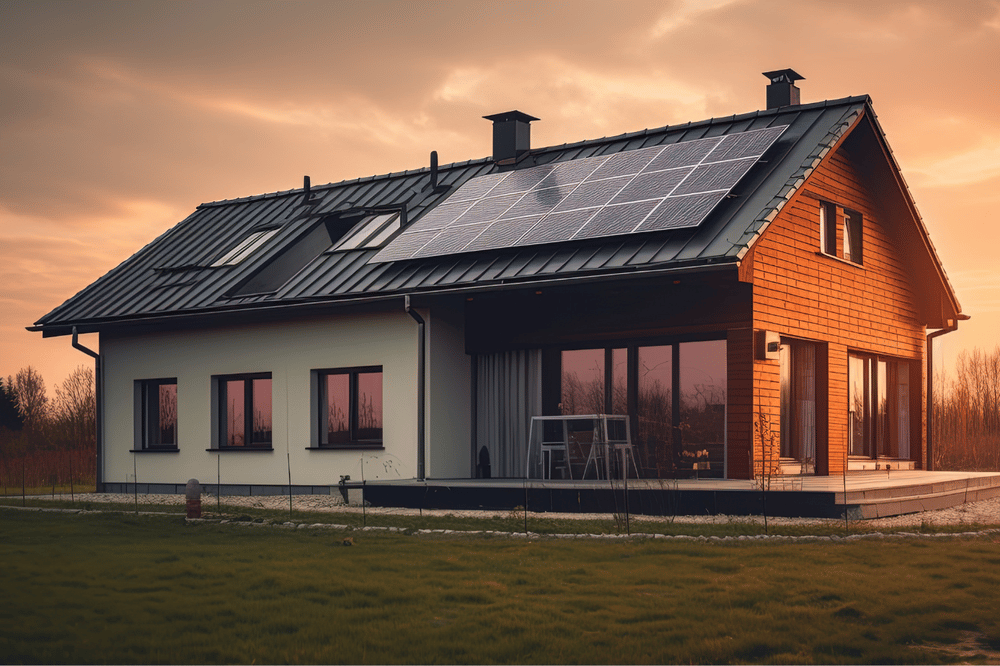 Modern home with rooftop solar panels and wood siding at sunset