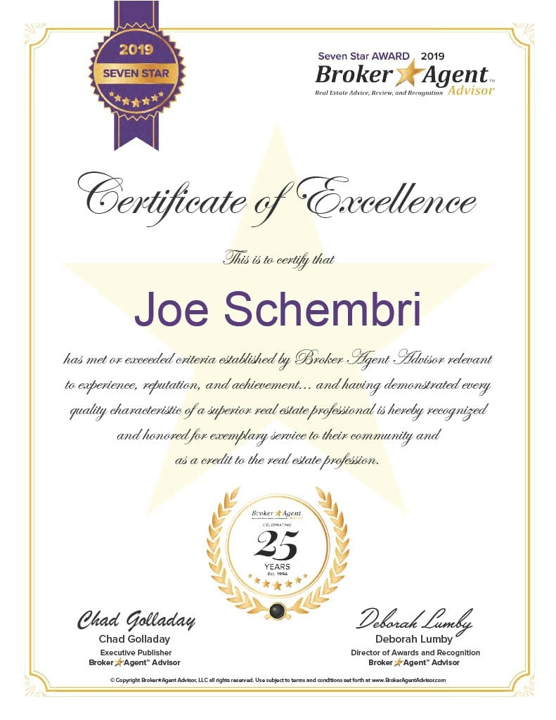  A "Certificate of Excellence" from "Seven Star AWARD 2019 Broker Agent Advisor" presented to "Joe Schembri." 