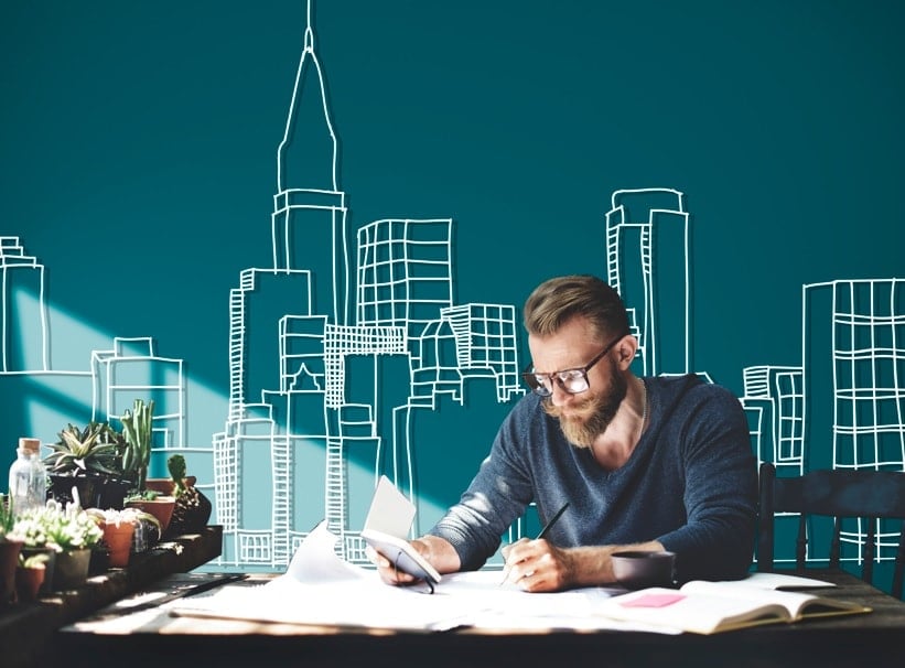 man studying building