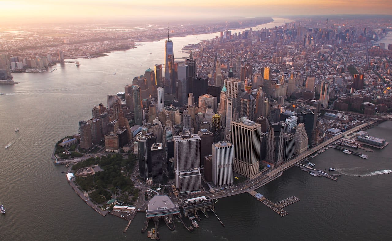 aerial view of Manhattan, New York. Lower Manhattan in the foreground, including The Battery & Financial District