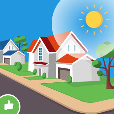 Illustration of homes on a sunny corner lot with a thumbs-up symbol.