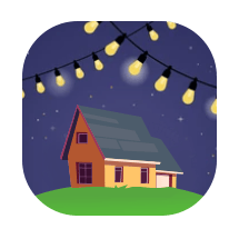 House with a green yard beneath hanging string lights.