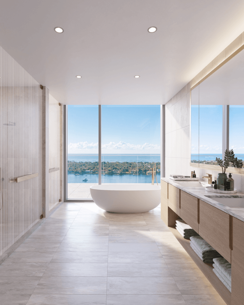 Rendering of stone and wood bathroom in Olara overlooking intracoastal and ocean