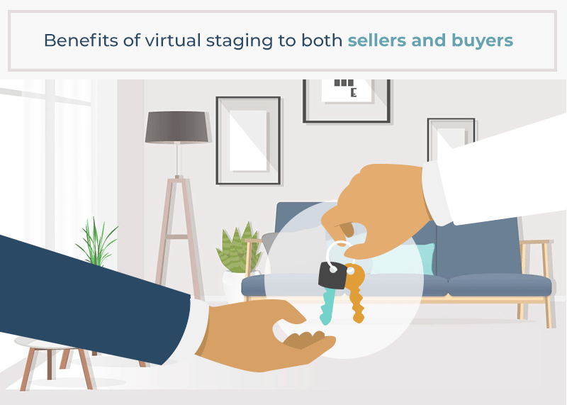 Illustration of people exchanging house keys in a furnished living room, with a virtual staging benefits headline.
