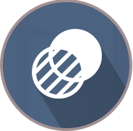 Abstract white globe-like symbol on a blue circular badge.