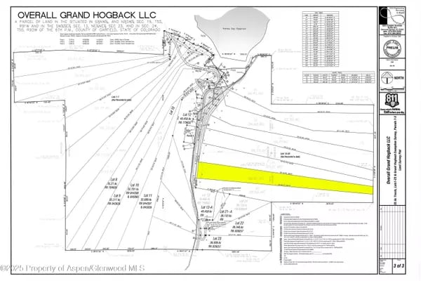 Land survey plat with a long, narrow parcel highlighted in yellow.