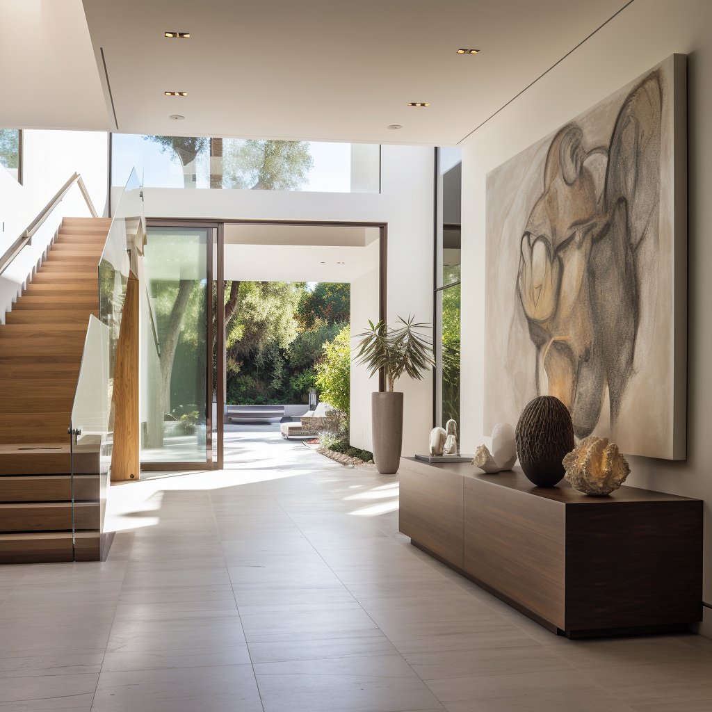 Modern home entry hall with a wood staircase, oversized abstract artwork, and glass doors to a garden patio.