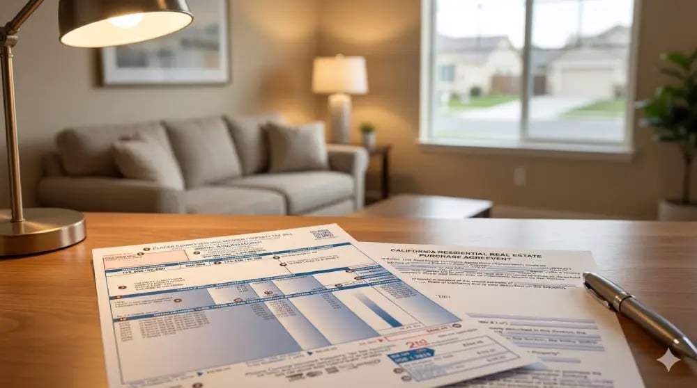 Close-up of a California property tax bill document on a wooden desk, 
partially overlapping with a home purchase contract and a pen.