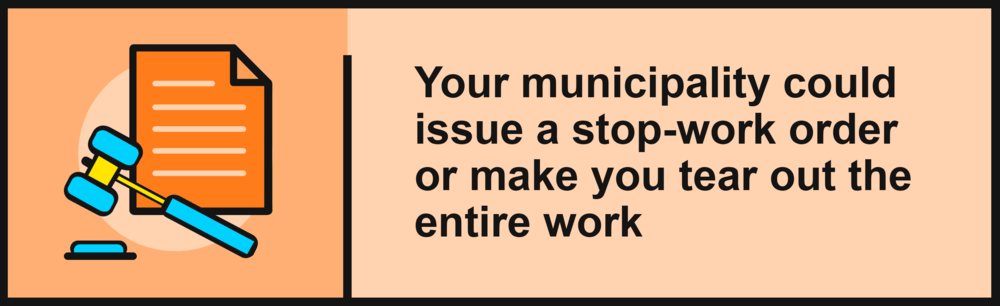 Gavel and document beside a warning about stop-work orders and tearing out unpermitted work.