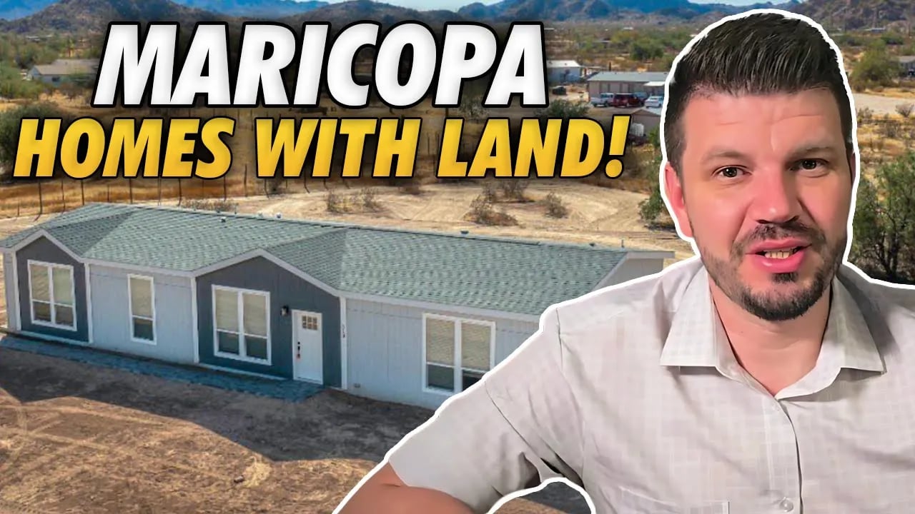 Video thumbnail promoting Maricopa homes with land, featuring a single-story house and a man.