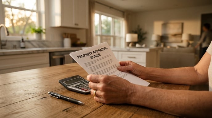 Hands holding a "Property Appraisal Notice" document at a wooden table with a calculator and pen, Houston home interior in background.