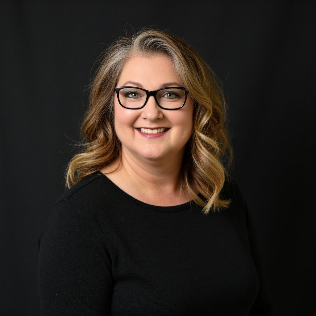 Alicia Day smiling in black glasses and a black top.