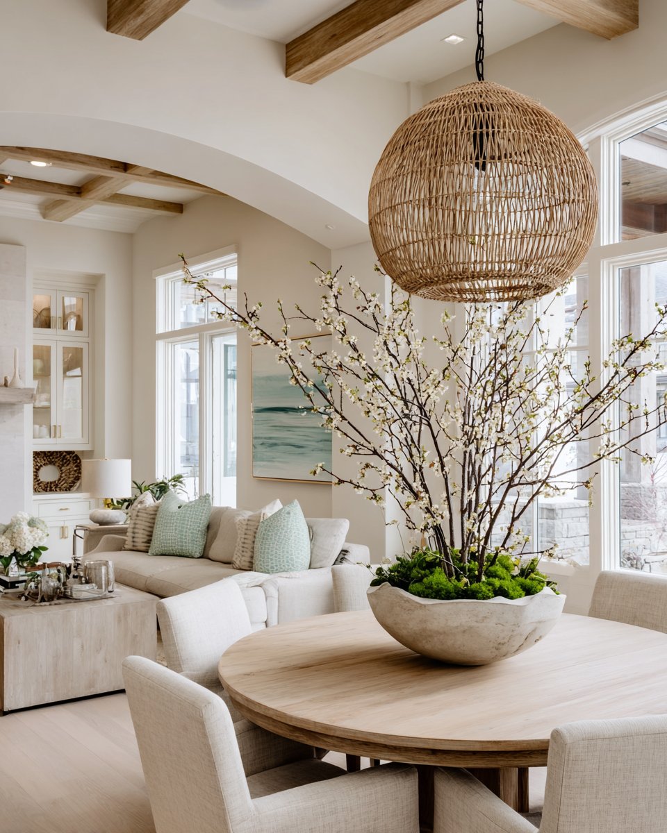 Open-plan living and dining room with exposed wood beams and a woven pendant light.