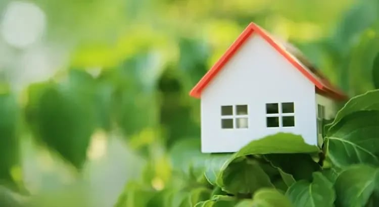 A small house model with a red roof nestled among green plants. This image symbolizes home and nature, possibly indicating eco-friendly living.