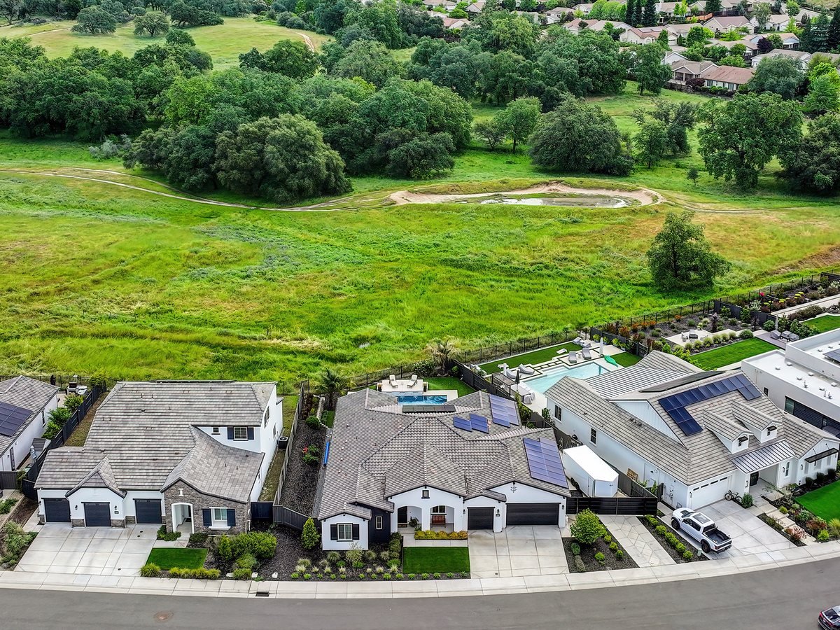 Aerial view of modern homes beside a green meadow and mature trees.