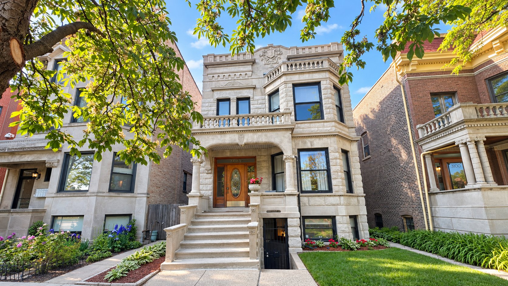 Ornate stone Chicago two-flat with a raised entry, balustrades, and leafy landscaped gardens.