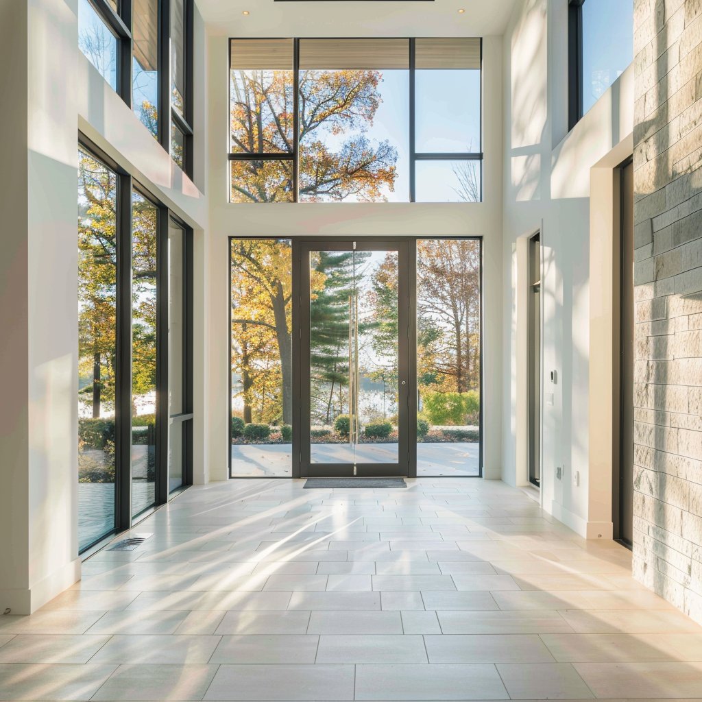 Double-height entry foyer with floor-to-ceiling windows, glass doors, and autumn trees beyond.