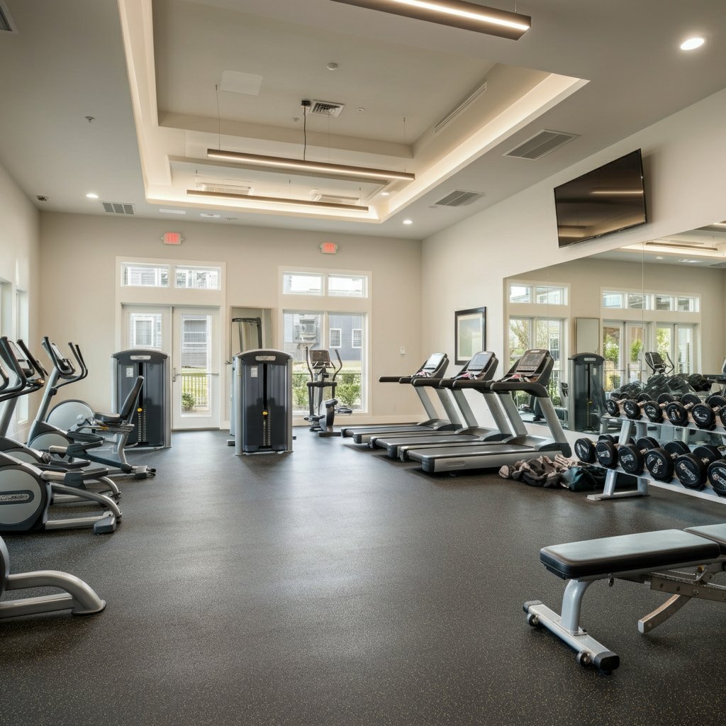 Modern fitness center featuring state-of-the-art gym equipment, treadmills, free weights, and expansive windows that flood the space with natural light.