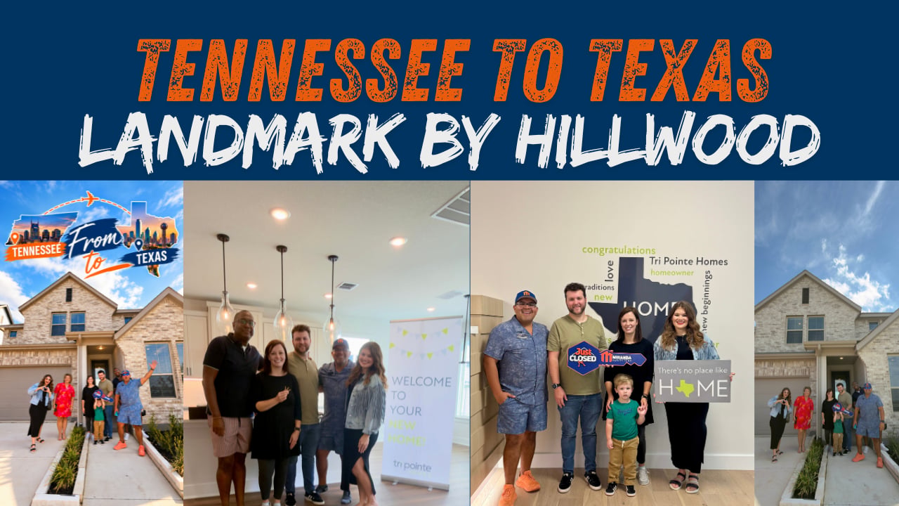 Closing day photo collage of a family's new Tri Pointe home in Denton, TX, with text: Tennessee to Texas, Landmark by Hillwood