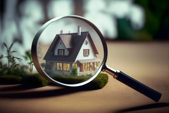Magnifying glass enlarging a small white house model with glowing windows.