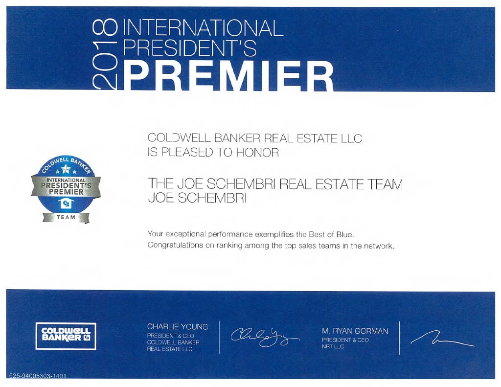  A Coldwell Banker certificate for the "2018 INTERNATIONAL PRESIDENT'S PREMIER" award.