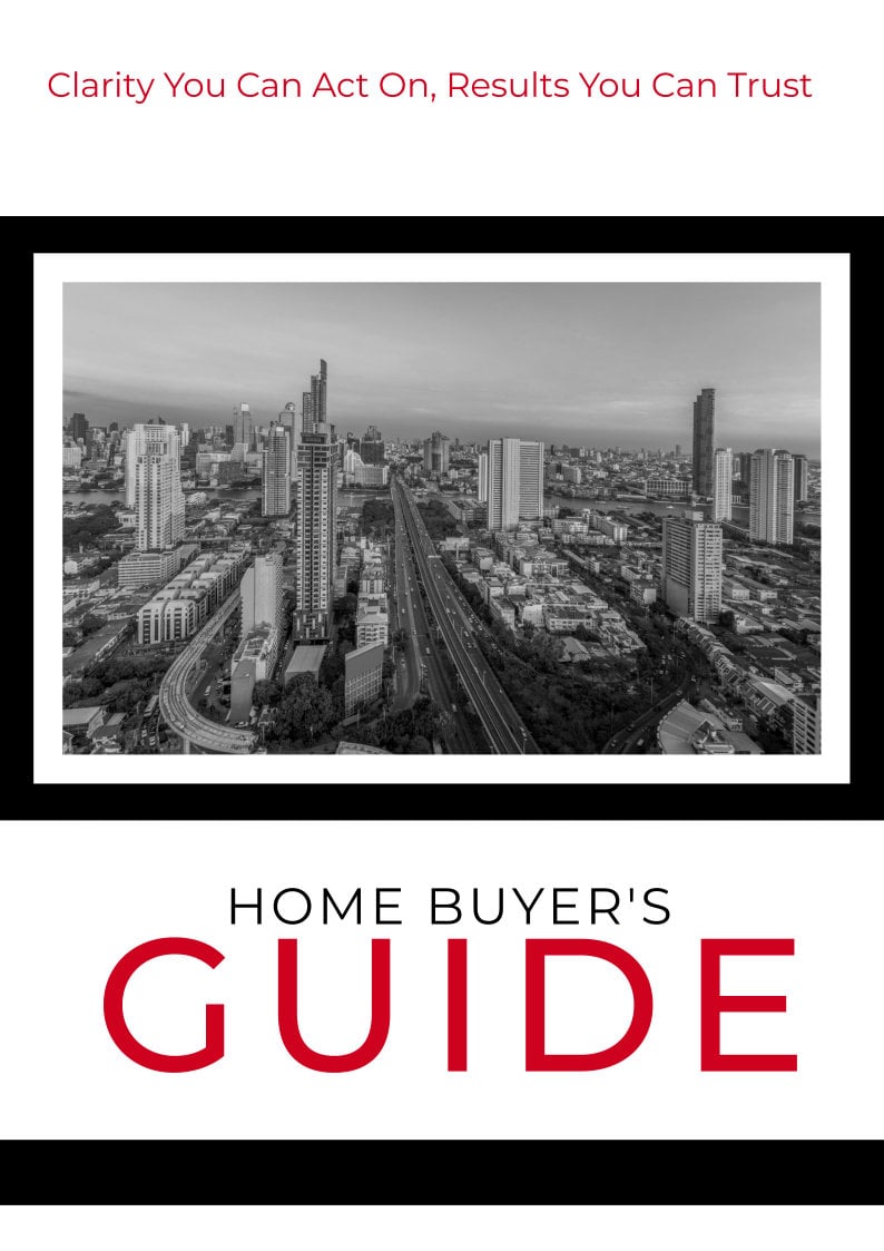 Home Buyer’s Guide cover with a black-and-white city skyline and highway.