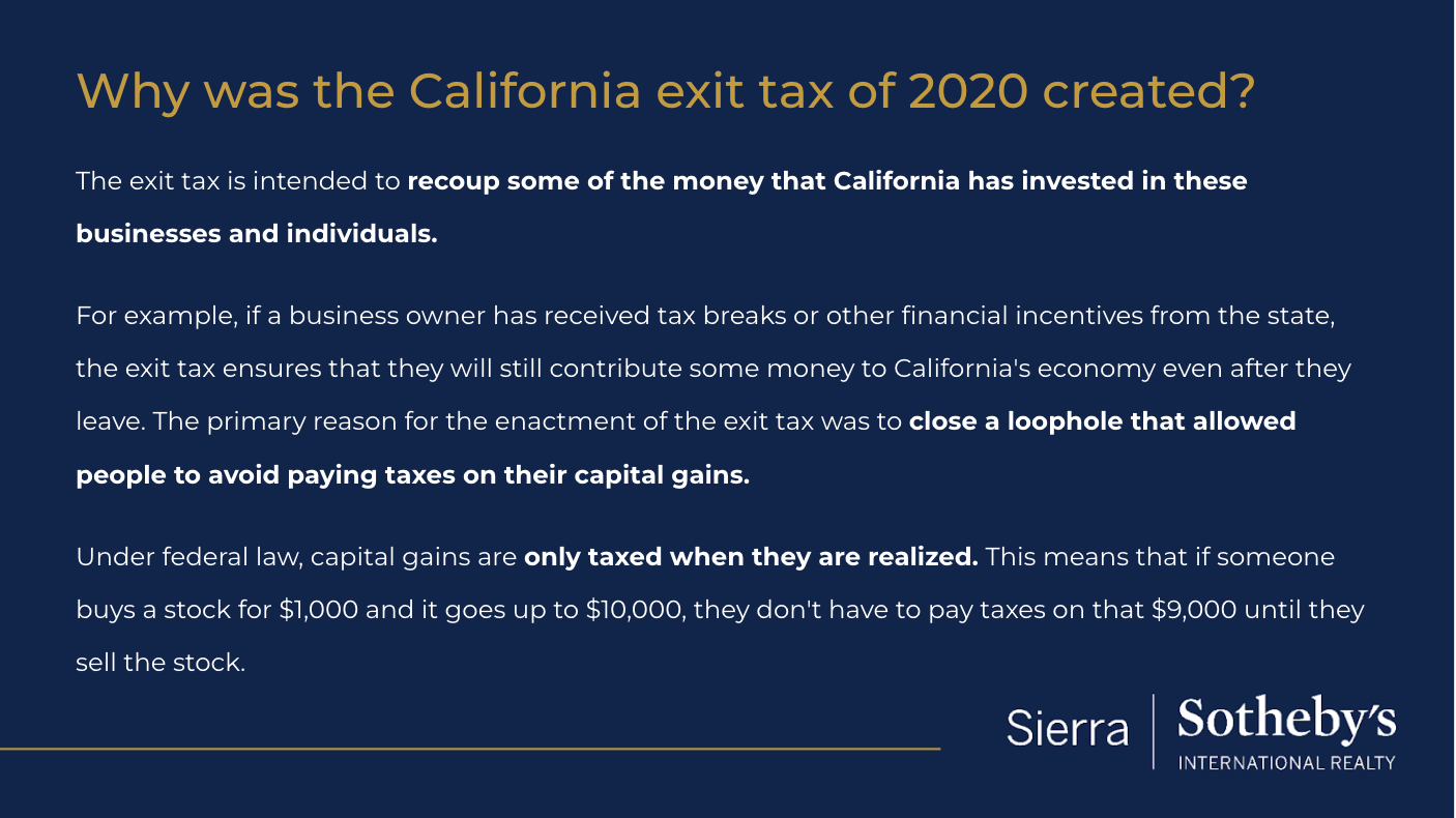 Graphic explaining why California created an exit tax in 2020 and how it relates to capital gains.