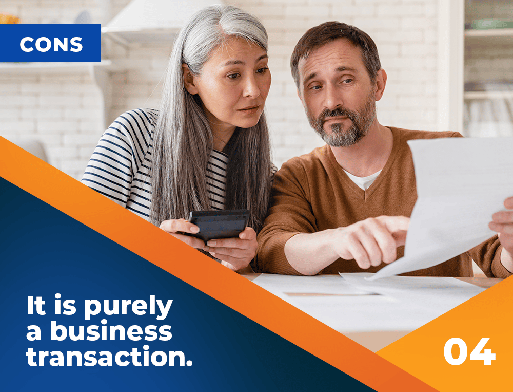 Cons graphic: a couple reviews paperwork beside the statement “It is purely a business transaction.”