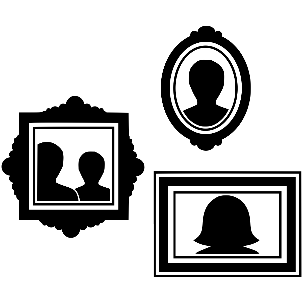 Three framed silhouette portraits, including a pair and two individual figures.