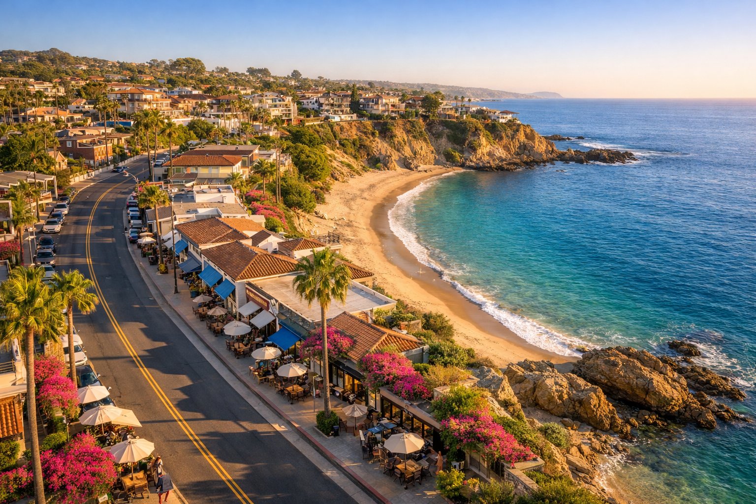 Aerial view of Corona del Mar village and beach in Newport Beach, CA