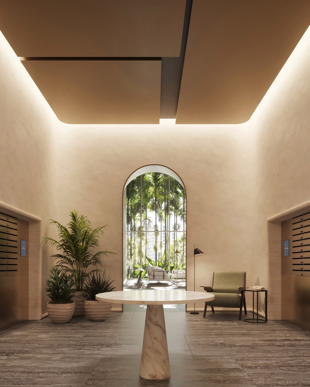 1428 Residences lobby with a marble table, potted palms, and a tall arched window.