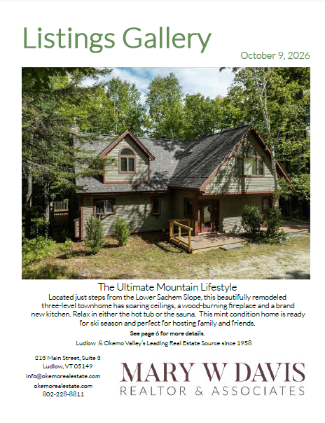 Listing flyer featuring a wooded townhome, property details, contact information, and Mary W Davis Realtor & Associates branding.