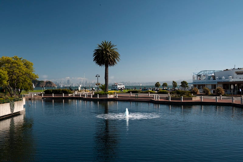 Waterfront public space with seating, landscaping, and bay views in Tiburon