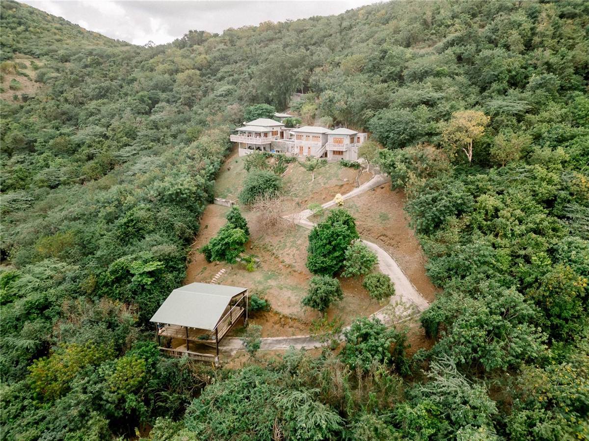 Aerial view of the hillside residence and surrounding tropical landscape at 9 William Font in Culebra.
