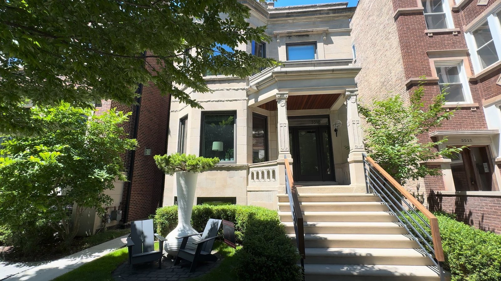 Greystone home with a wide front stoop in North Center, Chicago