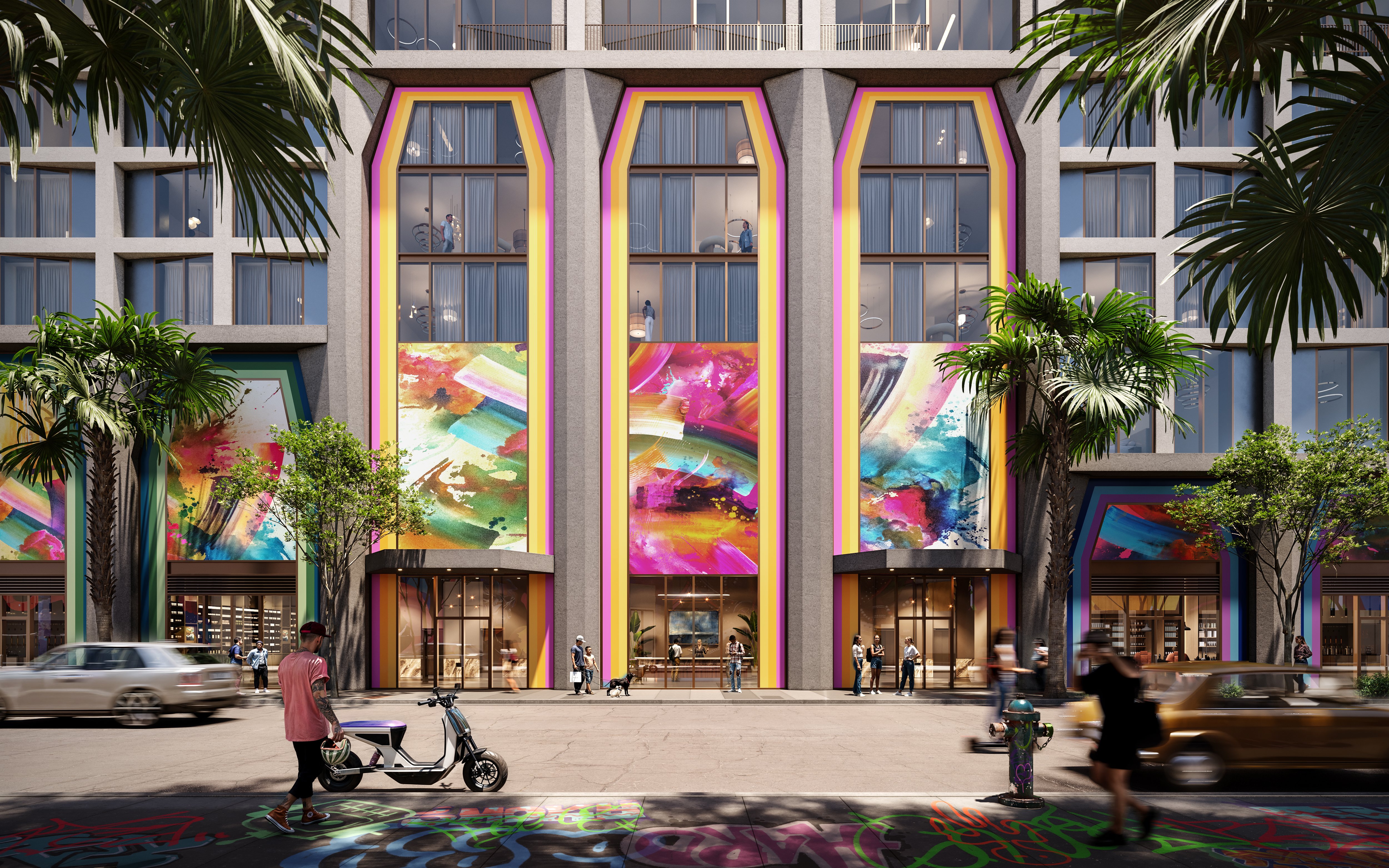 Rendering of The Cloud One's colorful facade in Wynwood with oversized art panels, palms and storefronts
