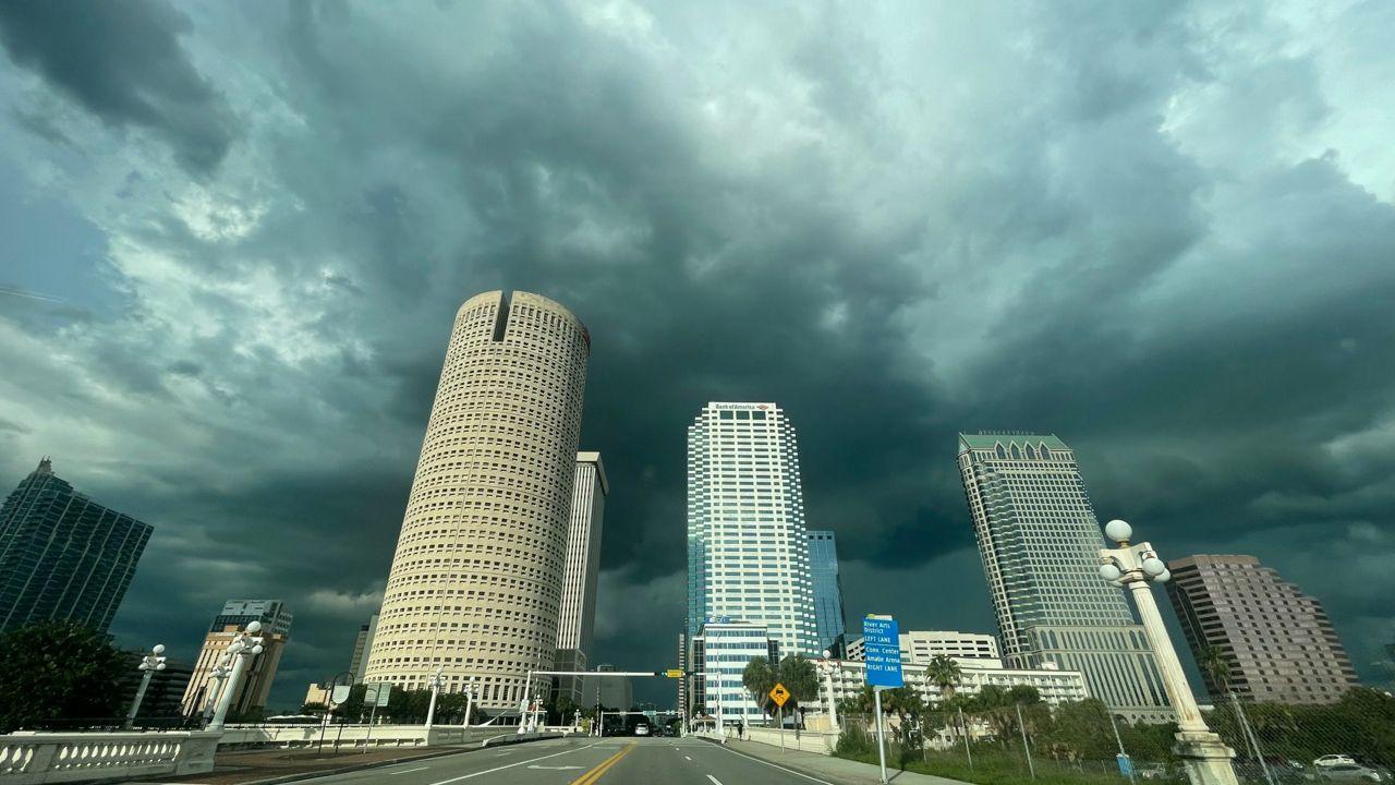 Storm clouds over the Tampa Bay skyline during Florida hurricane season